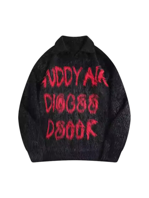 LETTER JACQUARD FAUX FUR KNIT SWEATER tt023