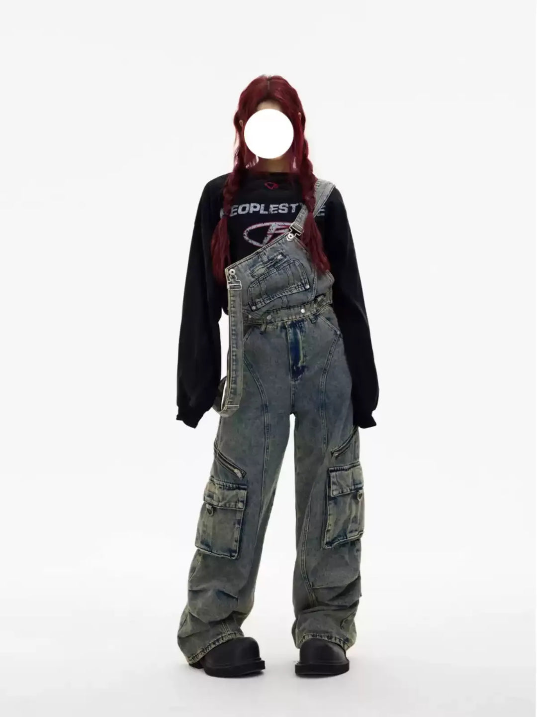 DETACHABLE STRAP VINTAGE WASH MULTI-POCKET CARGO JEANS ST5180