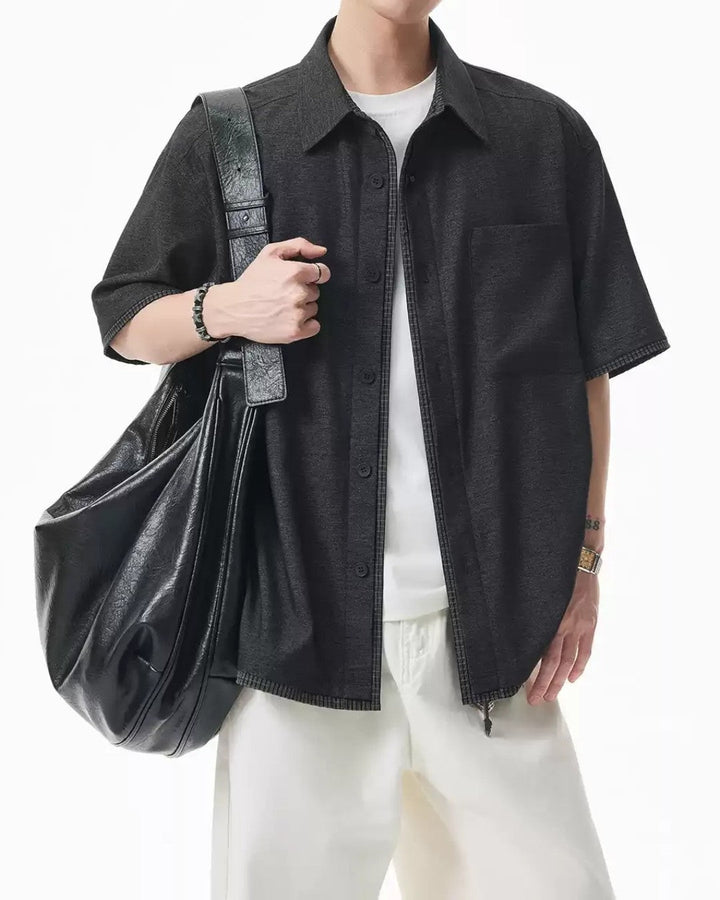 FAKE-LAYER PLAID COLLAR SHORT SLEEVE SHIRT MT568