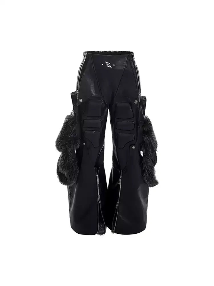 DETACHABLE PANELLED FAUX FUR PU WIDE-LEG PANTS ST5161