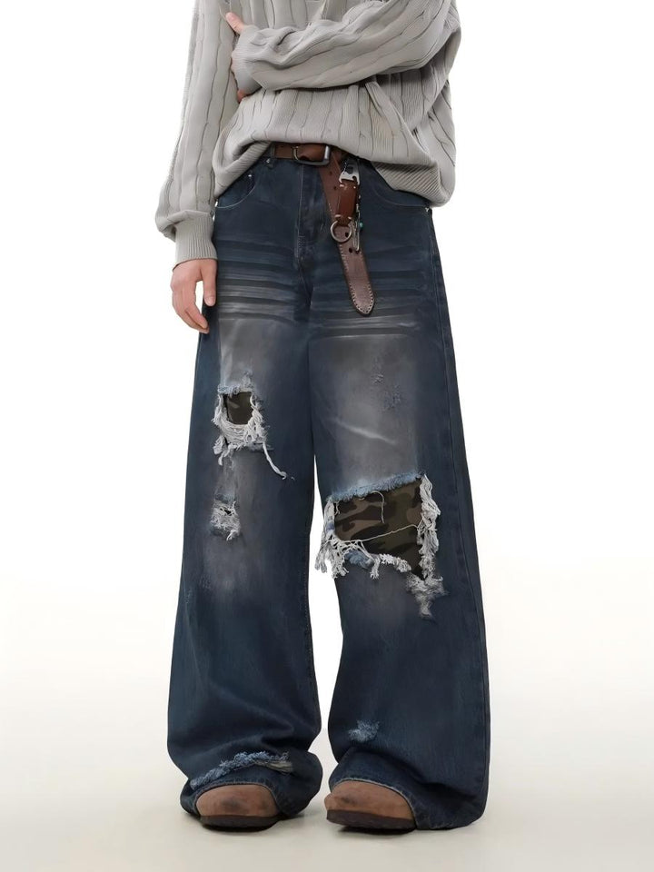 VINTAGE LOOSE PATCHED DISTRESSED WIDE-LEG JEANS ST5217